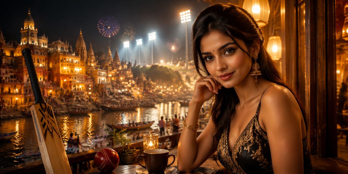 Night market scene in Varanasi with cricket betting signage and players